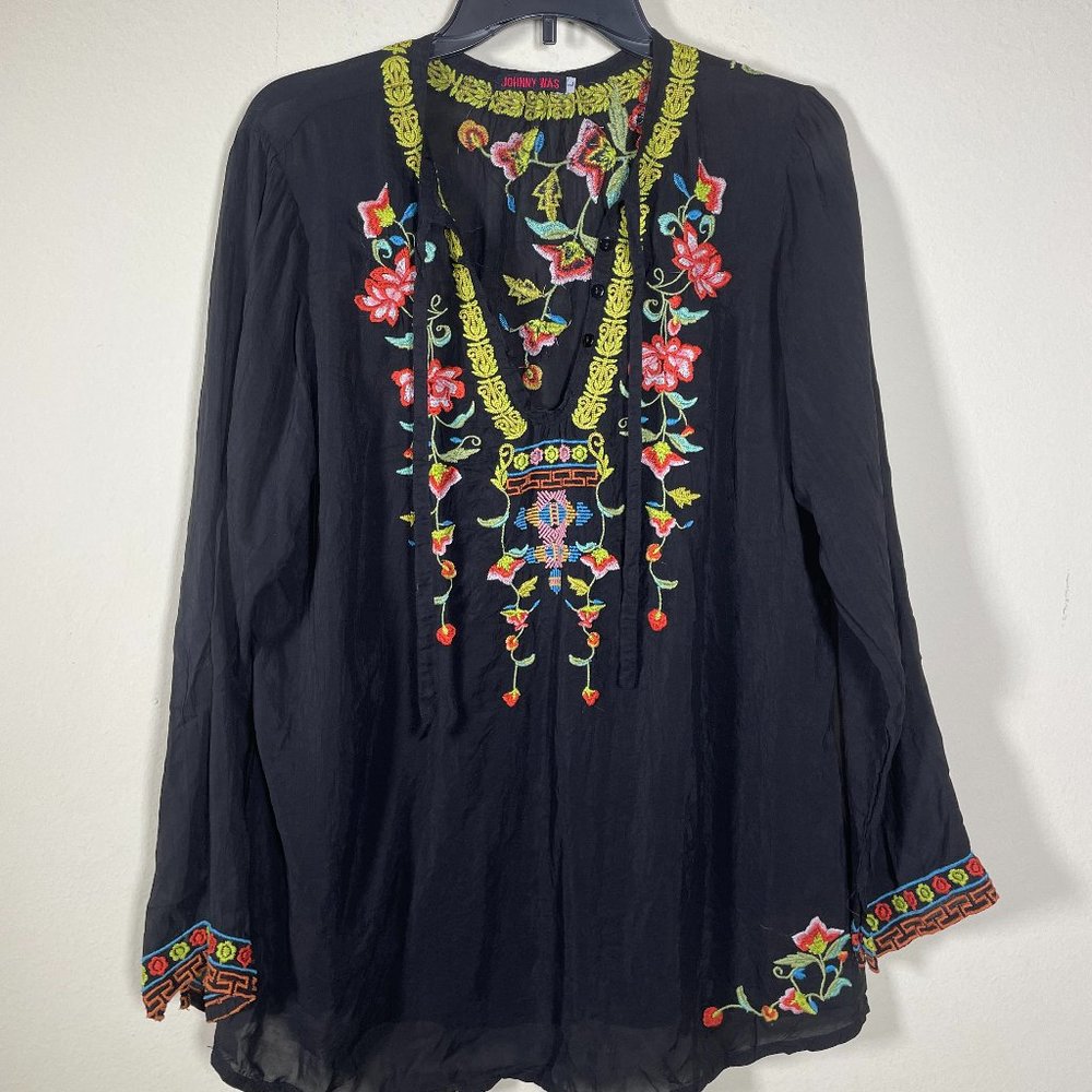 Johnny Was Women's Black Heavy Embroidered Floral Semi-Sheer Tie Front Top Large